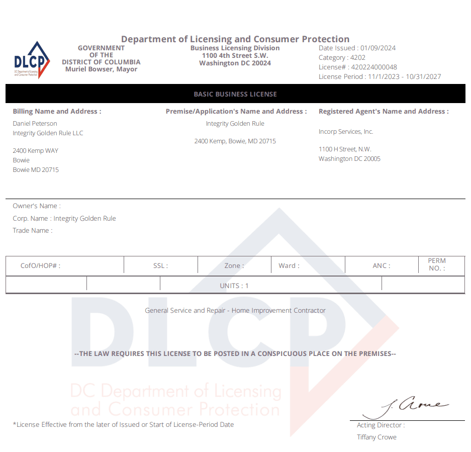 A DCRA License expiring 10-31-2027