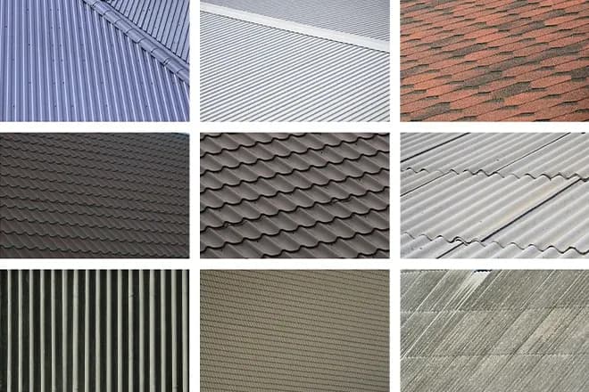 A grid of nine pictures with fragments of various types of roofing close up.