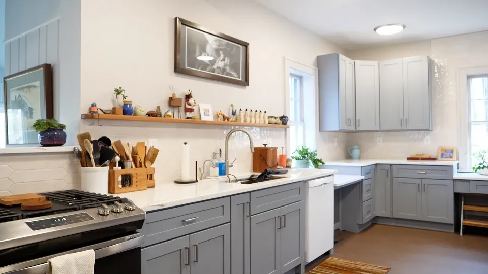 A view of the stove, kitchen sink, dishwasher, and cabinets.