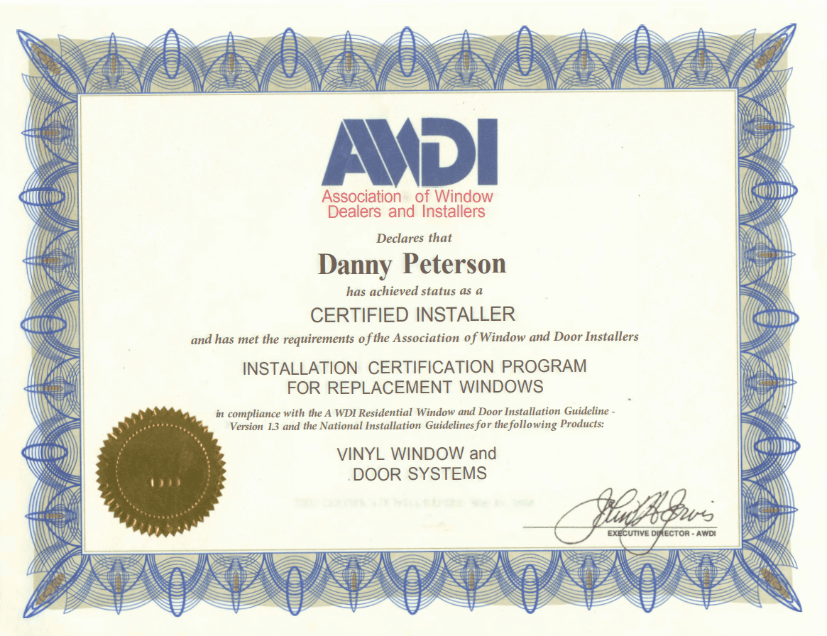 Association of Window Dealers and Installers AWDI Certificate for Danny
