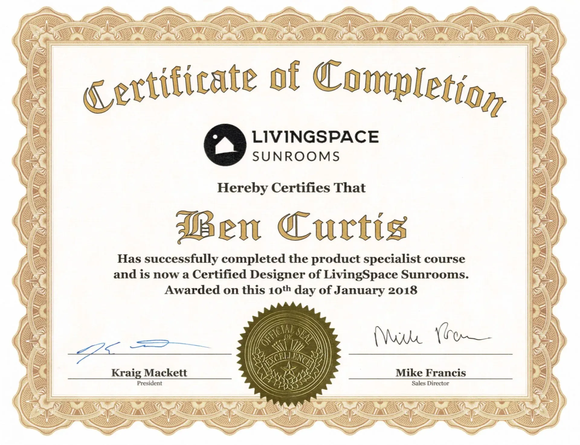 Certified Designer of Living Space Sunrooms