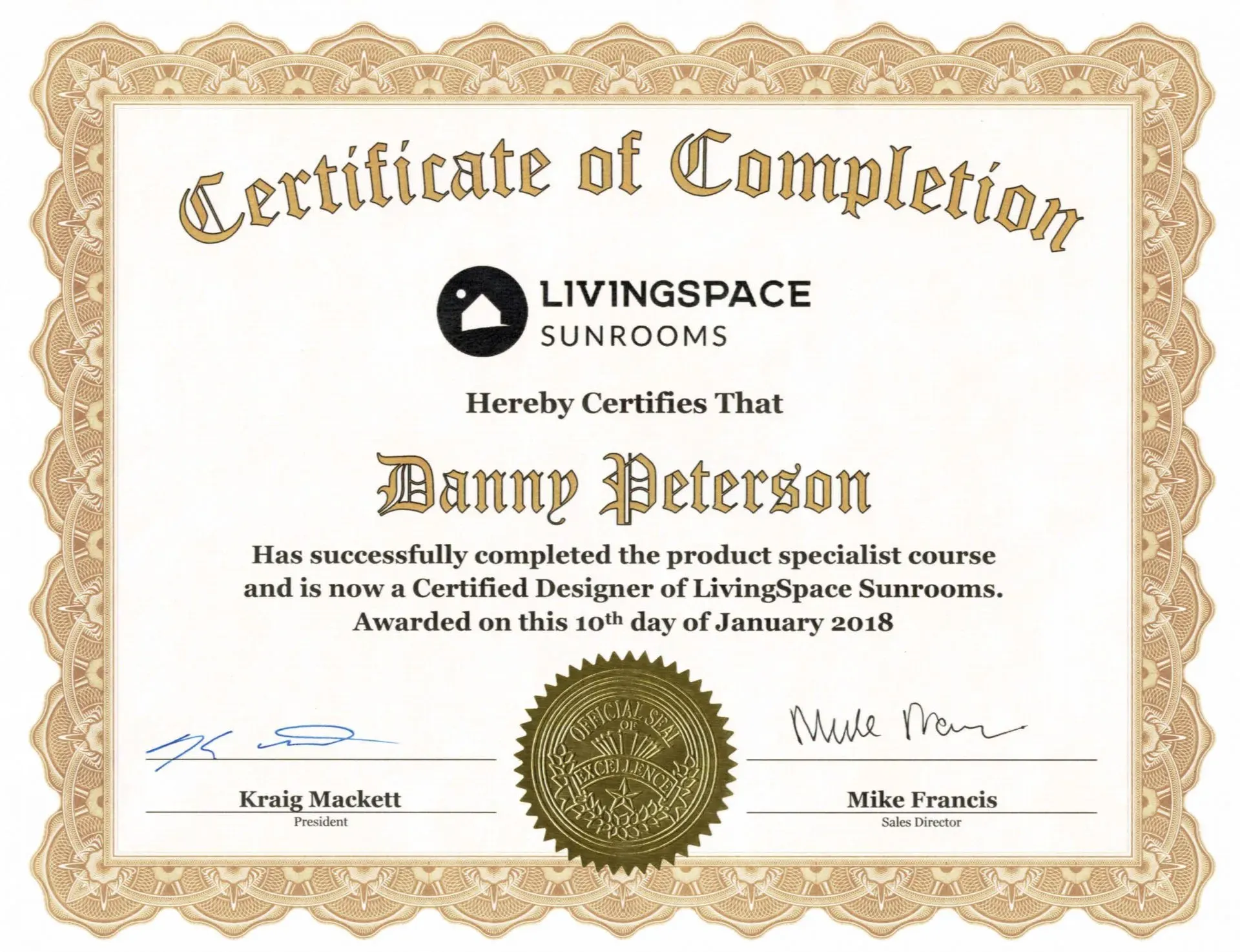 Certified Designer of Living Space Sunrooms