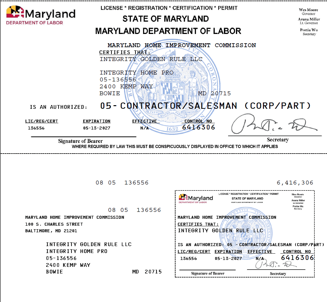 Maryland Home Improvement Commission MHIC license - exp 2027