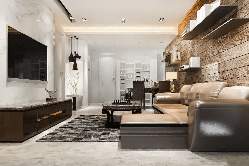 A rustic yet modern Maryland basement remodel featuring exposed wood accents, sleek finishes, and an open, inviting layout that blends cozy charm with contemporary style.