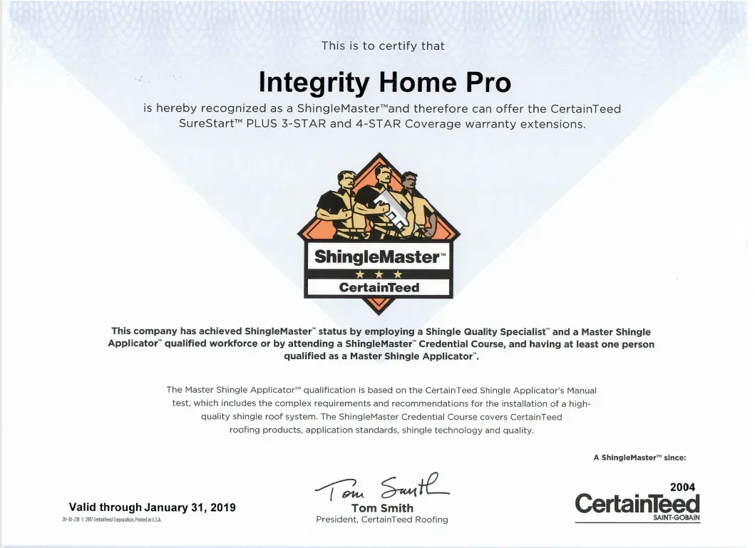 CerntainTeed ShingleMaster Certification