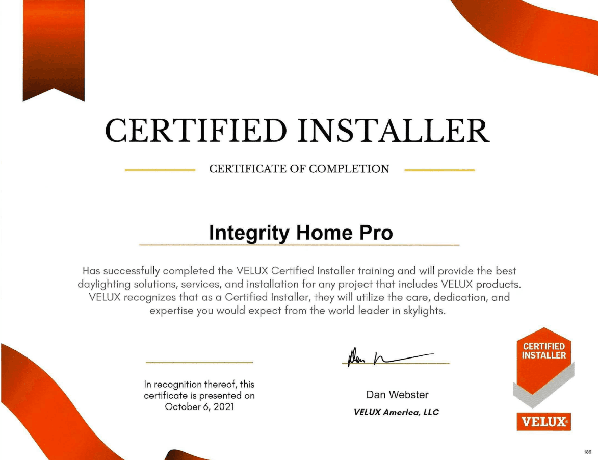 A Velux Certified Installer Certificate granted on 10-6-21
