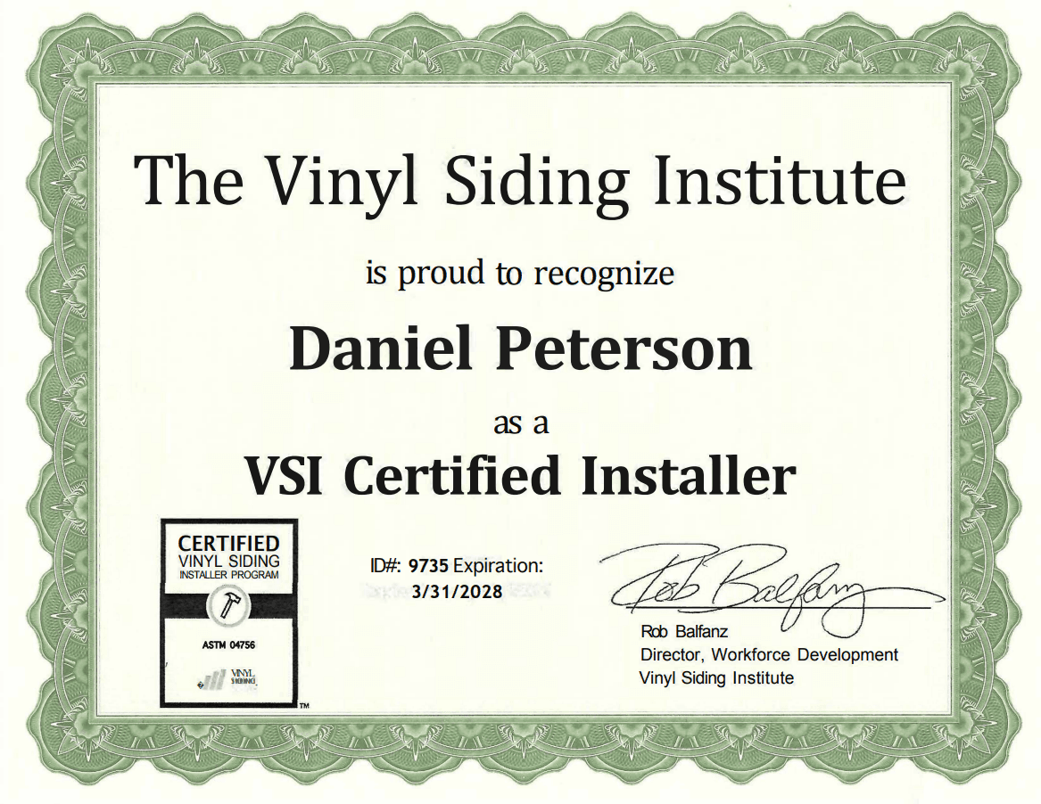 A VSI Certified Installer certificate for Danny Peterson Exp 3-31-28